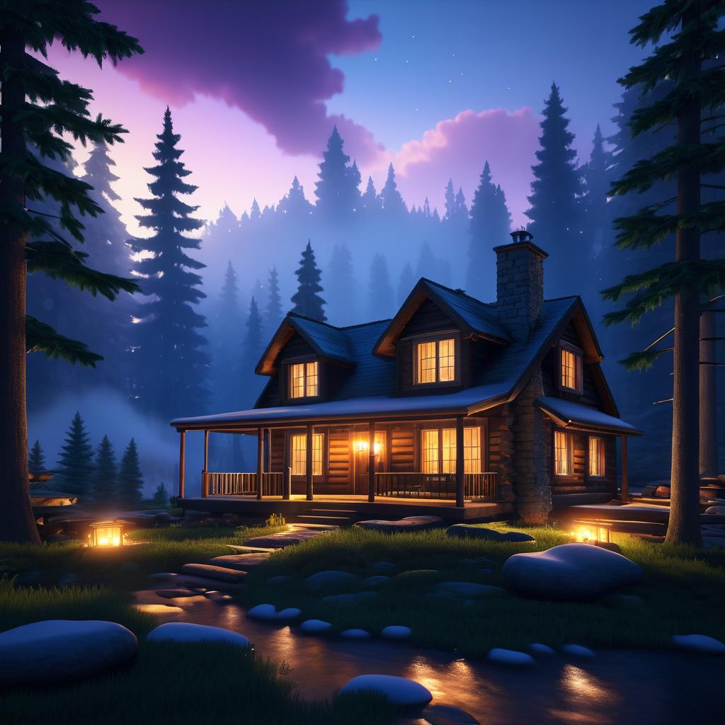 Cozy Cabin in Twilight Woods Scene