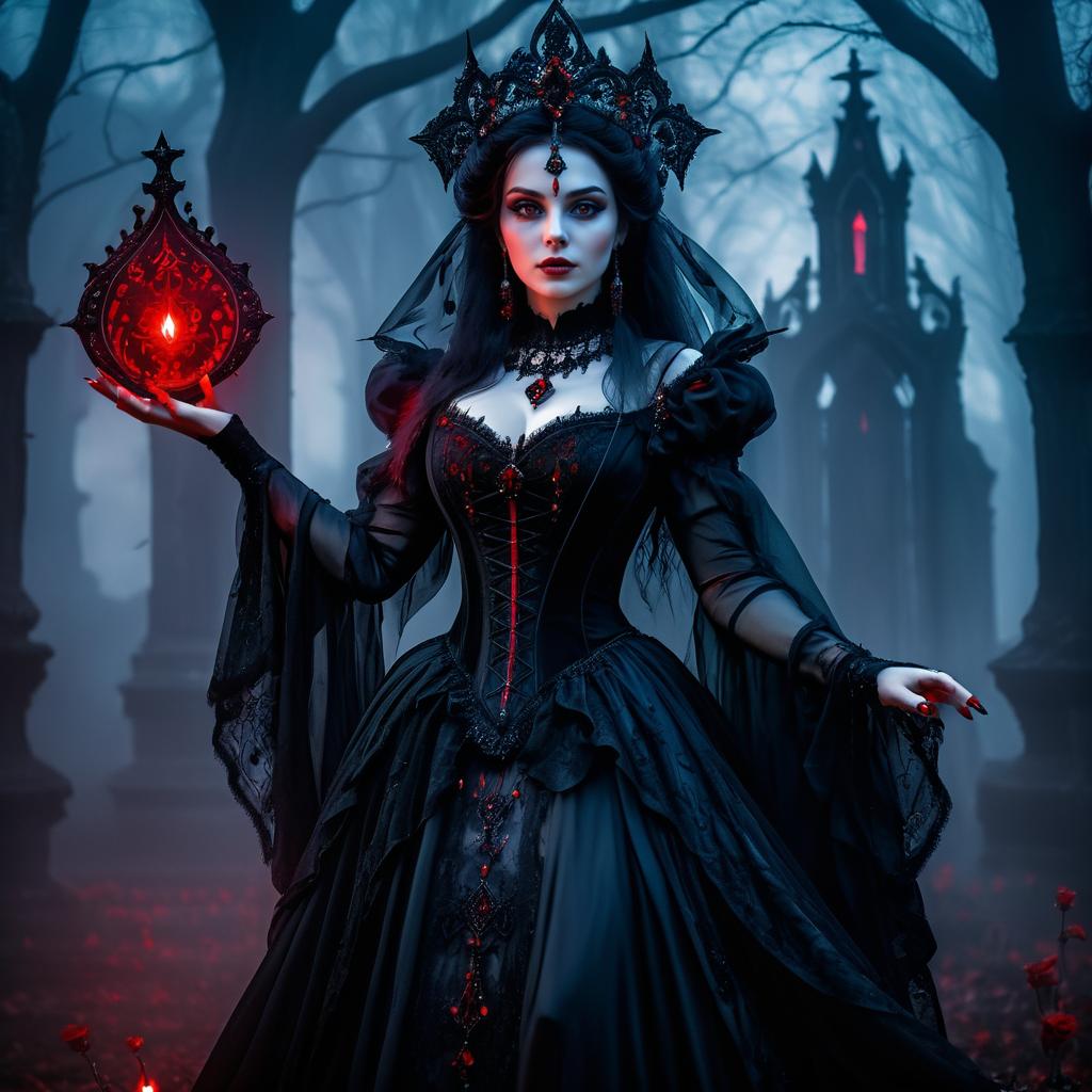 Gothic Sorceress in a Misty Graveyard