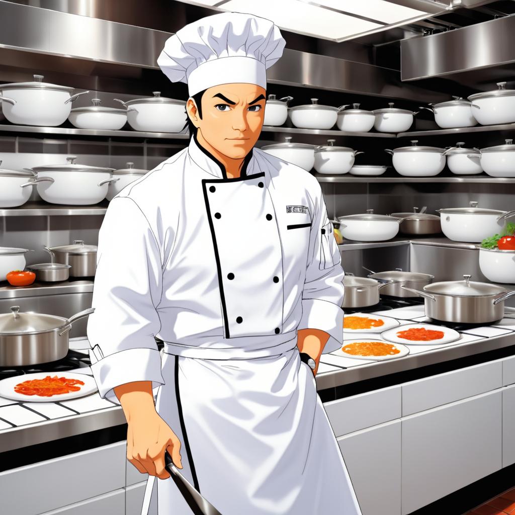 Anime Chef in a Bustling Kitchen