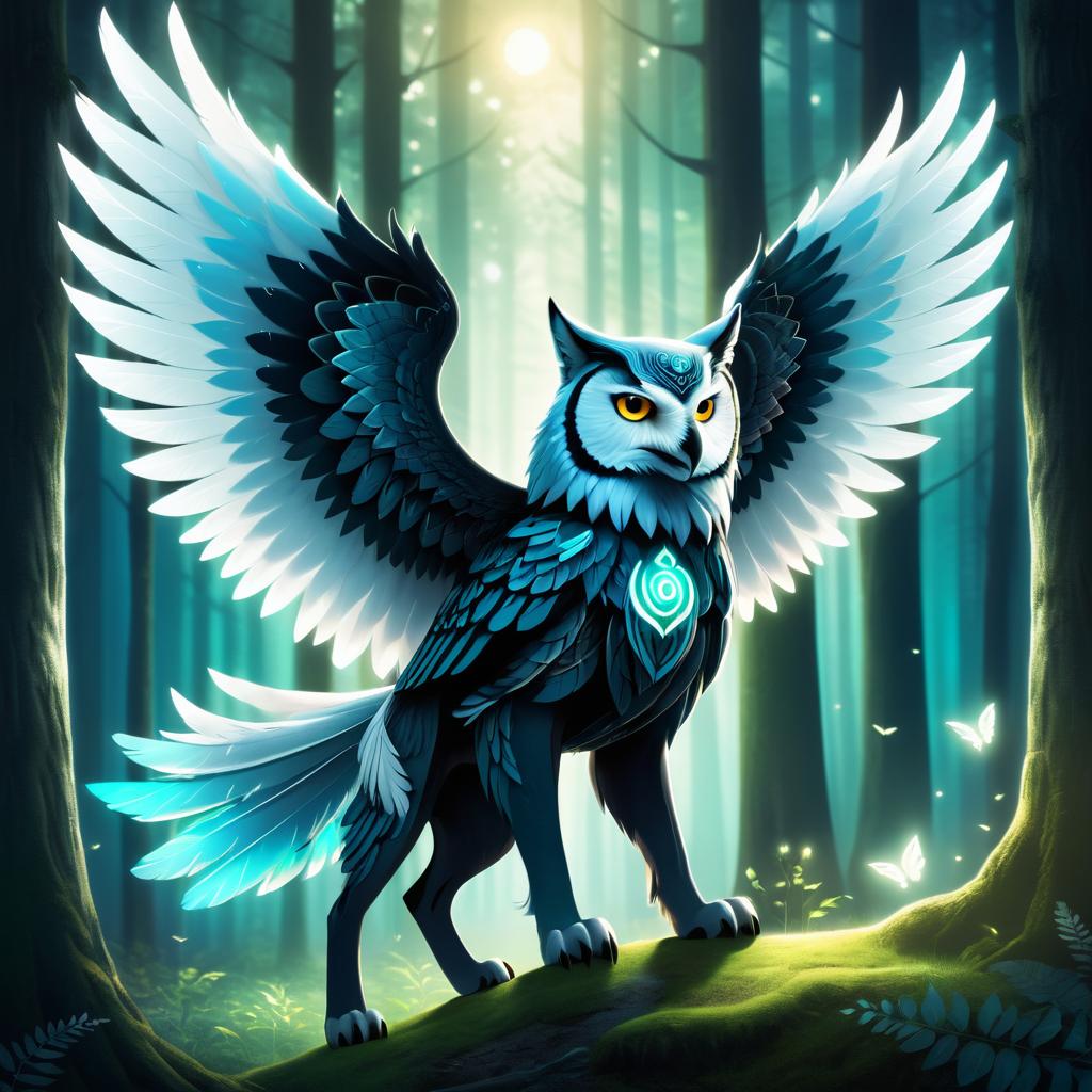 Mythical Owl-Wolf Creature in Luminous Forest