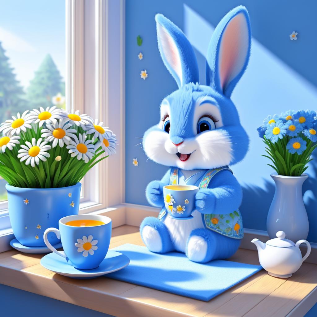 Whimsical Blue Rabbit with Tea and Daisies