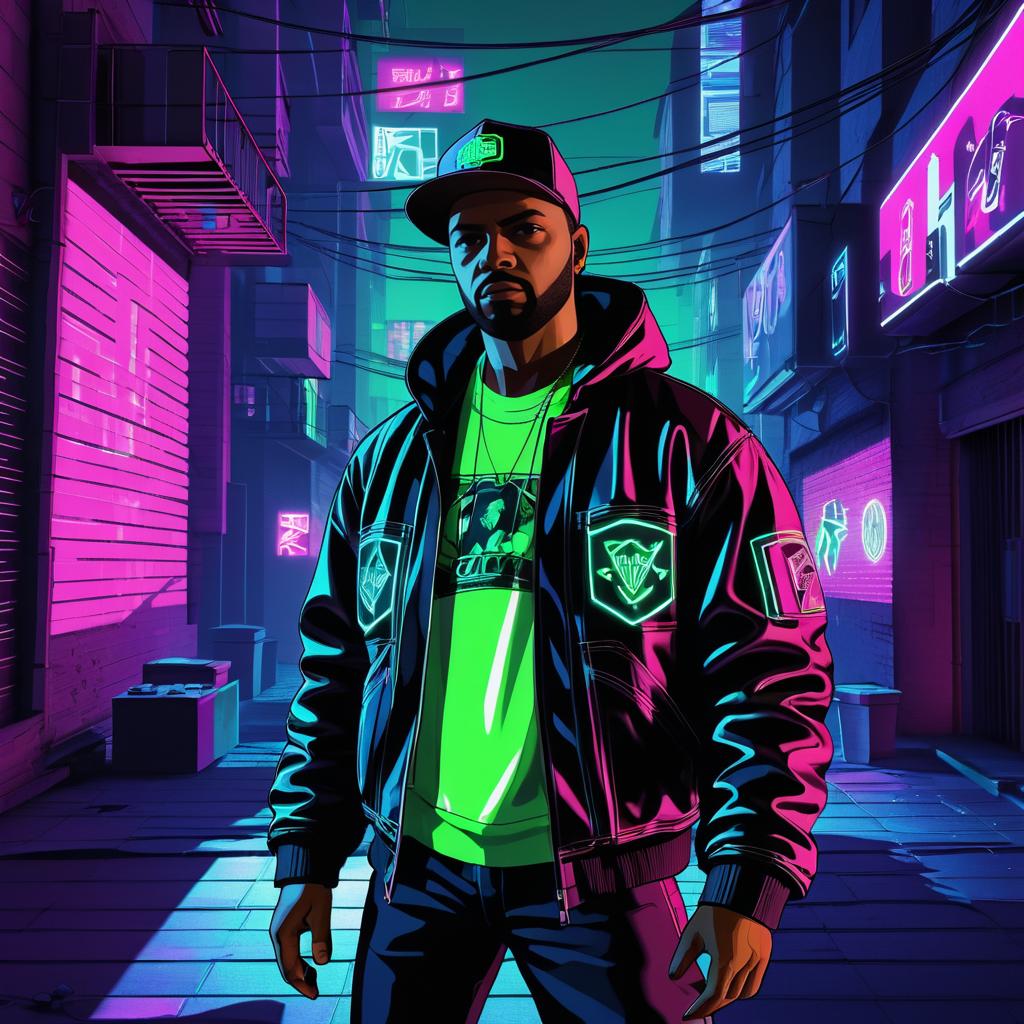 Neon-Savvy Hacker in Gritty Urban Alley