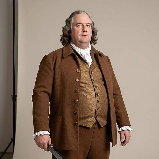 Photograph of a middle-aged man with curly gray hair, wearing a brown 18th-century-style suit, white shirt, and holding a small knife