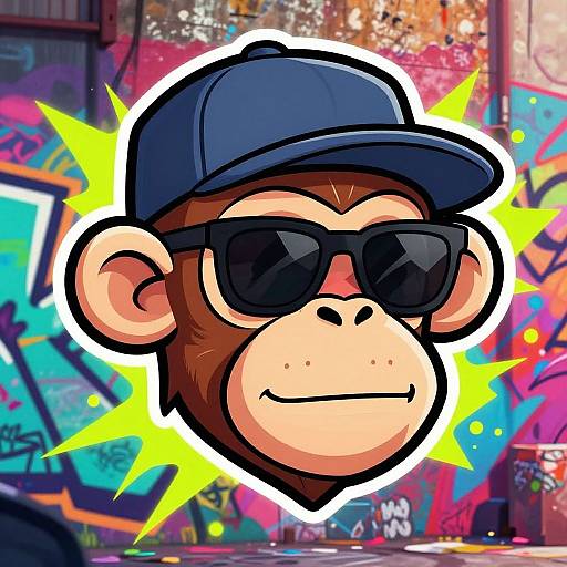 Cartoon monkey with brown fur, blue cap, black sunglasses, and a confident smile, set against a vibrant, graffiti-covered urban background.