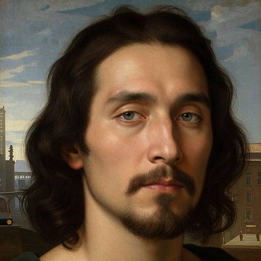 Photorealistic portrait of a young man with long black hair, blue eyes, and a goatee, set against a cloudy sky and urban background.