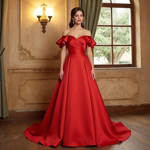 Photograph of a woman with dark hair in an off-shoulder, red, ball gown with ruffled sleeves, standing in an ornate,