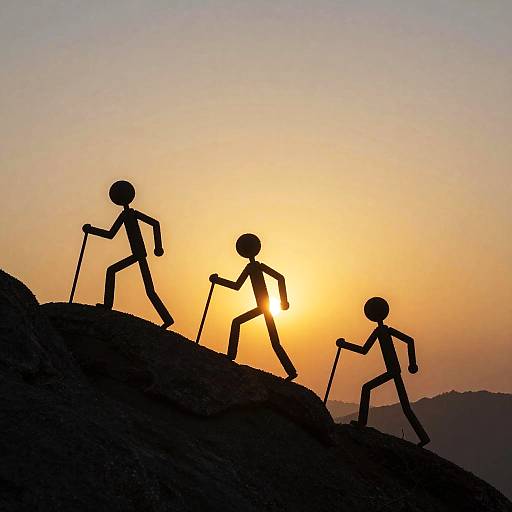 Stick Figures Climbing Mountain at Sunrise