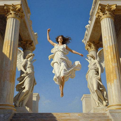 Photograph of a flying, dark-haired woman in a white, flowing gown, between two classical, winged marble statues and golden columns, against a