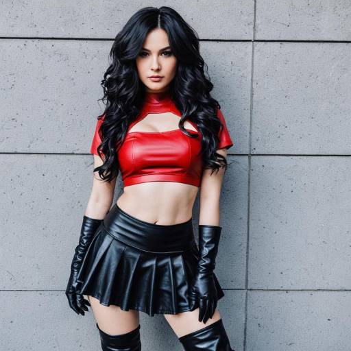 Woman in Red Leather Crop Top and Black Leather Skirt