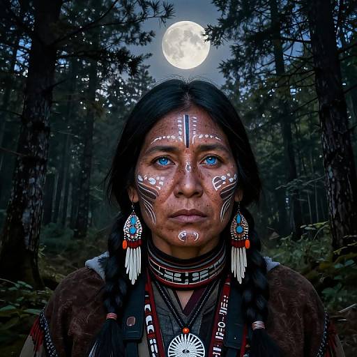 Photograph of a Native American woman with blue eyes, black braids, and white face paint, standing in a dark forest under a full moon,