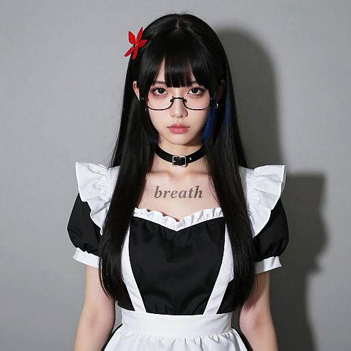 Young Woman in Black Maid Outfit with Glasses
