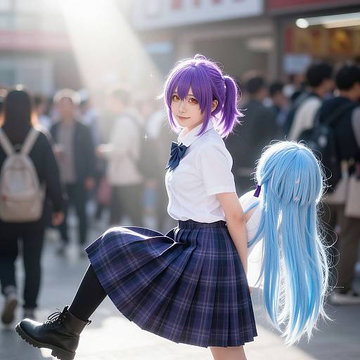 Digital art: Anime-style girl with purple hair and blue plaid skirt, white shirt, black boots, carrying blue-haired winged figure, busy urban