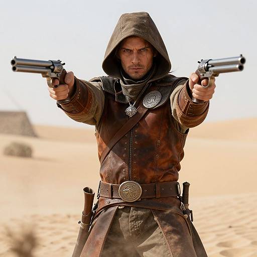 Photograph of a rugged, hooded man in brown leather vest and pants, standing in a desert, dual-wielding handguns, intense expression, sandy