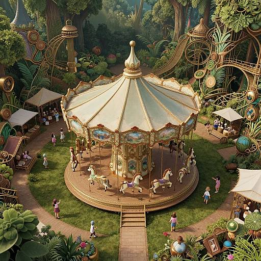 Whimsical digital illustration of a vintage, ornate carousel in a lush, fantasy forest. Colorful, intricate details, surrounded by people and stalls