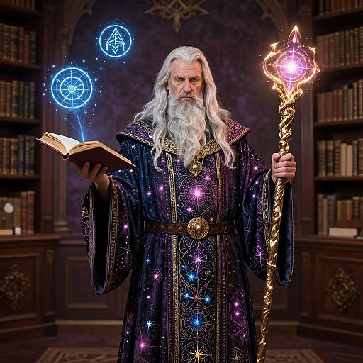 Photograph of an elderly white wizard with long white hair, beard, wearing a starry black robe, holding a glowing staff, and levitating magical