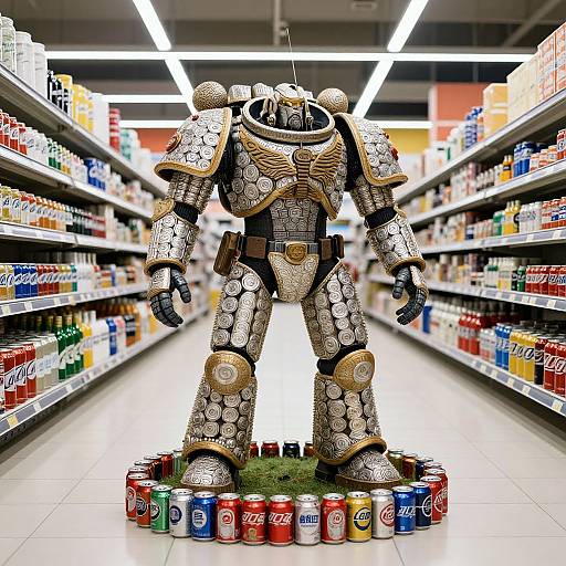 Photograph of a metallic armor sculpture made from Coca-Cola cans, standing in a brightly lit grocery store aisle with shelves of various beverages.