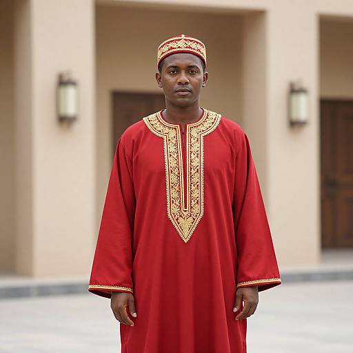 Photograph of a serious young Black man in traditional red Islamic attire with gold embroidery, standing in front of a beige building with blurred wall sconces