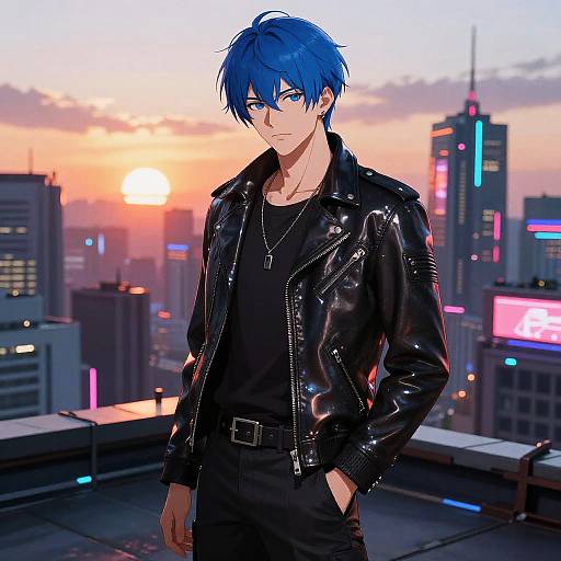 Digital anime-style drawing of a blue-haired, blue-eyed man in a black leather jacket, black shirt, and pants, standing on a rooftop at sunset