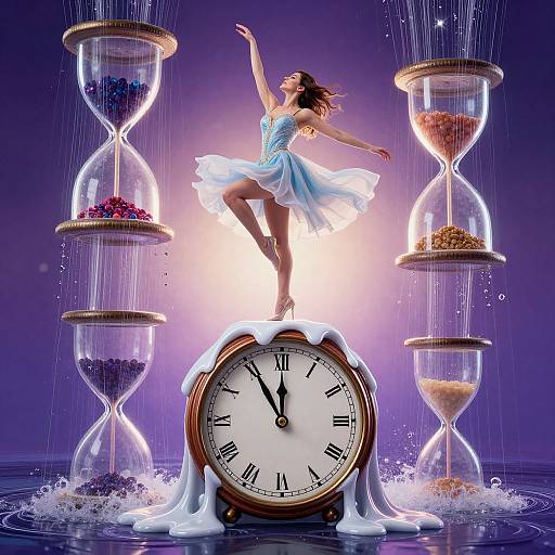 Photograph of a dancing ballerina in a blue dress standing on a melting clock, surrounded by four hourglasses with colorful sands, against a