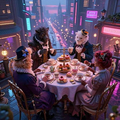 Furry-themed steampunk tea party on a neon-lit city street: four anthropomorphic animals with Victorian attire, elegant table, pastries,