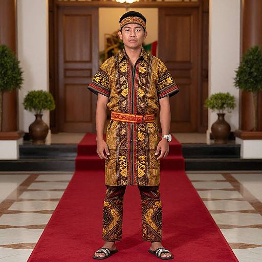 Photograph of a man in traditional Southeast Asian attire, standing on a red carpet in front of wooden doors, wearing a matching patterned tunic,