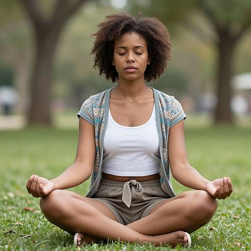 Photograph of a young Black woman with curly hair, meditating cross-legged on grass in a park, wearing a white tank top, patterned card