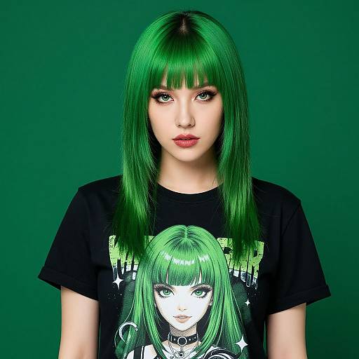 Digital artwork of a pale-skinned woman with vibrant green hair, wearing a black t-shirt with a green-haired portrait, against a solid green background.