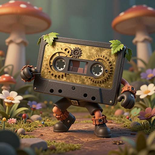 Anthropomorphic Cassette Tape DJ Character in Miniature Garden