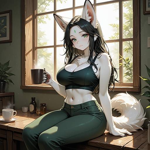 Anthropomorphic Female with Coffee by Window