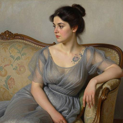 Digital painting of a pale-skinned woman with dark hair in a bun, wearing a sheer blue dress, sitting on an ornate, floral-patterned