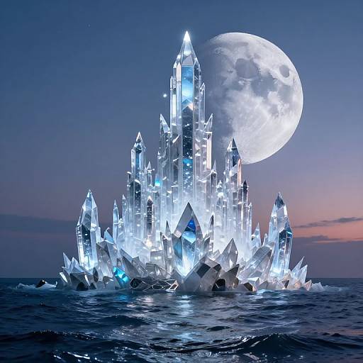 Photorealistic digital art of a glowing, crystal castle on a dark ocean, under a luminous full moon in a twilight sky.