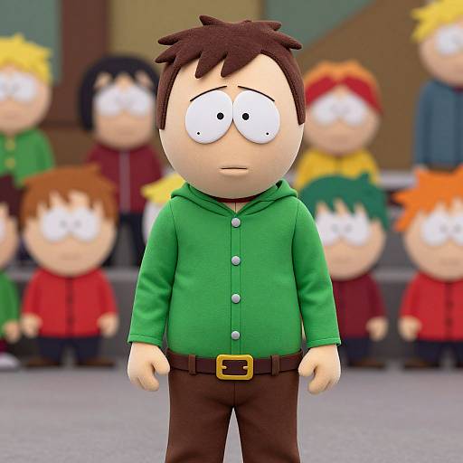 3D cartoon of a wide-eyed, brown-haired boy in a green hoodie and brown pants, surrounded by blurry, similarly styled characters.