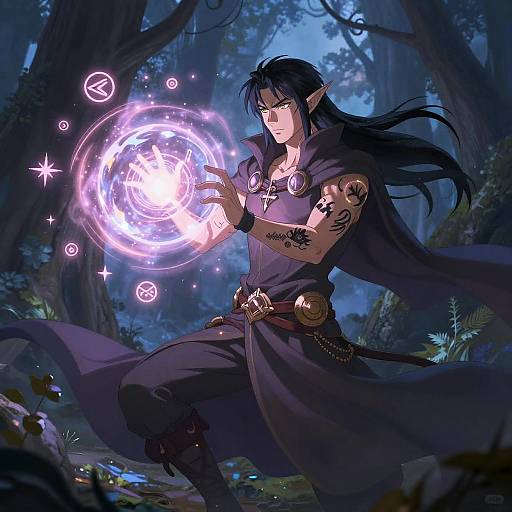 Digital anime artwork of a dark-haired, elven mage with tattoos, wearing a purple robe, casting a glowing magical spell in a nighttime forest.