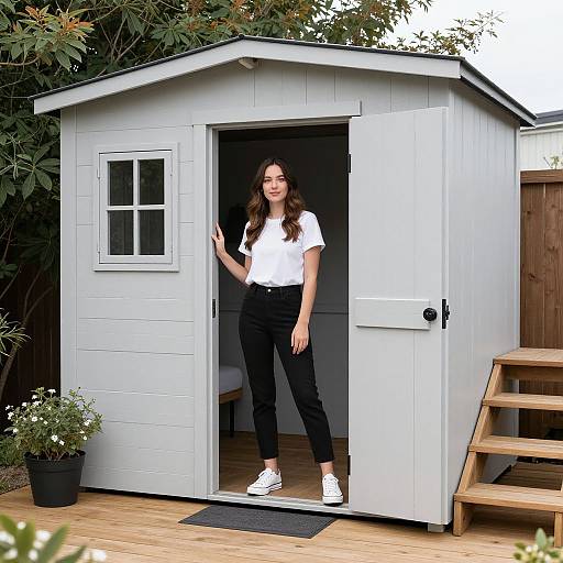 Photograph of a young woman with long brown hair, wearing a white shirt, black pants, and white sneakers, standing in a white garden shed doorway