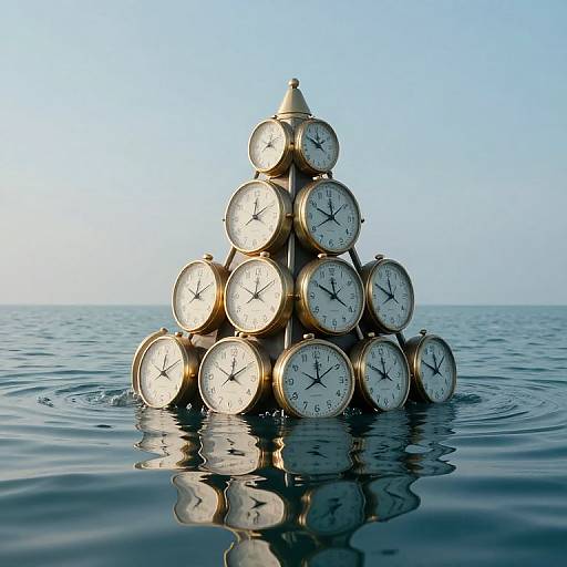 Photograph of a pyramid of 12 gold clocks with white faces, floating on calm blue water under a clear sky.