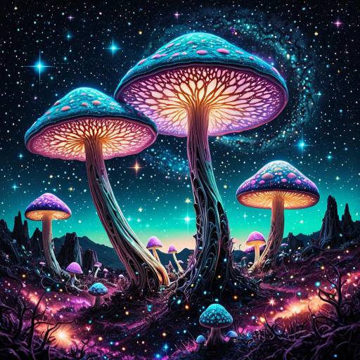 Surreal Celestial Shrooms Under Starry Sky