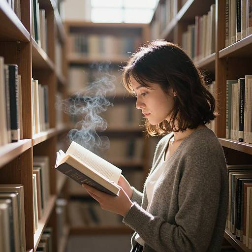 Photograph of a young woman with shoulder-length brown hair, wearing a grey sweater, reading a book in a sunlit library aisle, with visible smoke