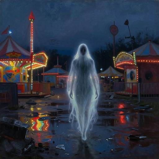 Ghostly figure in white mist walks through a dark, rain-soaked carnival at night, surrounded by colorful, illuminated rides. Digital art.