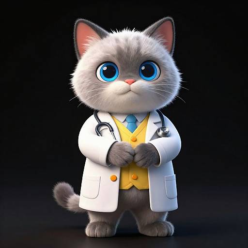 CGI cartoon cat with large blue eyes, wearing a white lab coat, yellow vest, blue tie, and stethoscope, standing against a black
