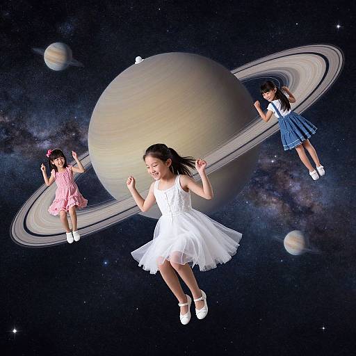 Photograph of three Asian girls in dresses floating on Saturn's rings in space; one in pink, one in blue, one in white.