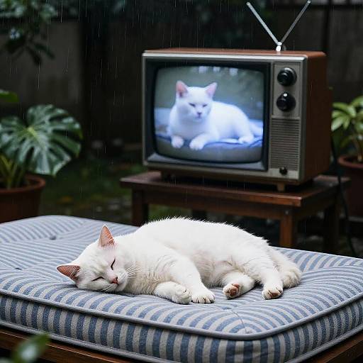 Photograph of a white cat sleeping on a blue-striped cushion in front of an old TV showing a white cat on screen, with rain falling and plants