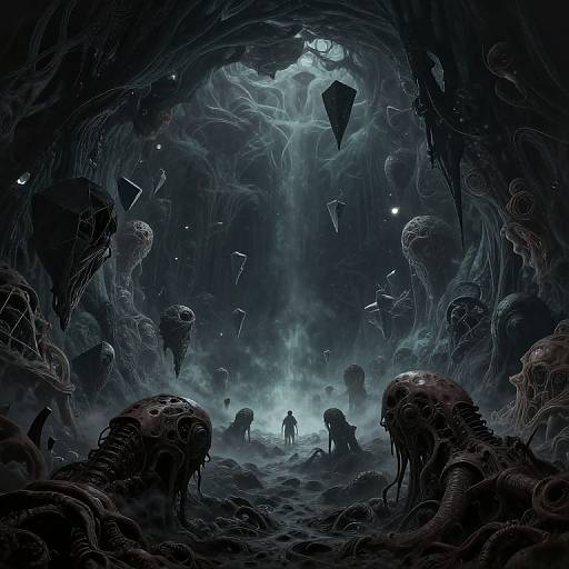 Dark, eerie cave filled with floating, shadowy alien-like creatures. A lone figure stands at the center, bathed in blue light. Digital art