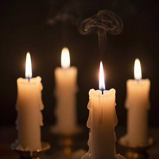 Photograph of four lit, melting white candles against a dark background, each candle with a bright, flickering flame and wisps of smoke.