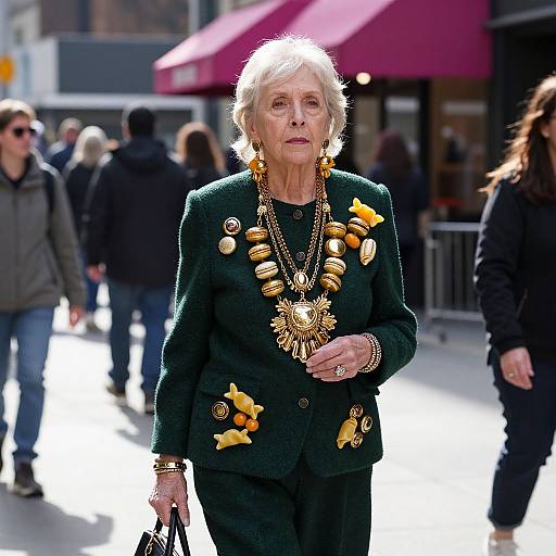 Photograph of an elderly white woman with short white hair, wearing a dark green blazer adorned with gold jewelry, walking on a sunny city street with