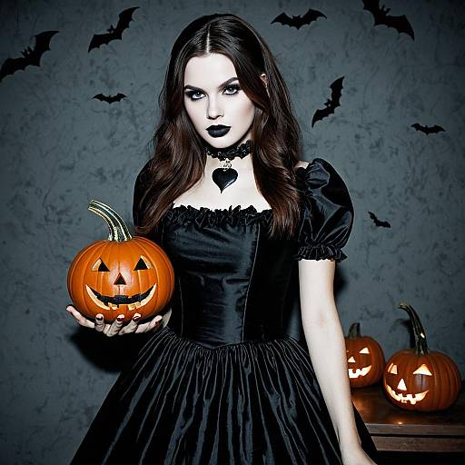 Gothic Woman Holding Jack-O'-Lantern