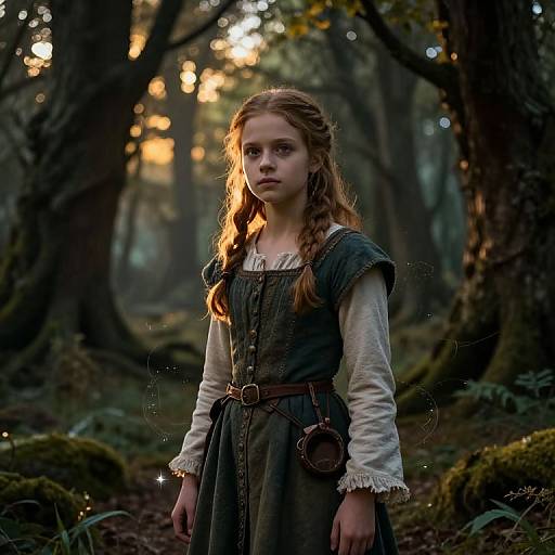 Photograph of a young girl with long red braids in a dark green, buttoned dress with a white blouse, standing in a sunlit forest