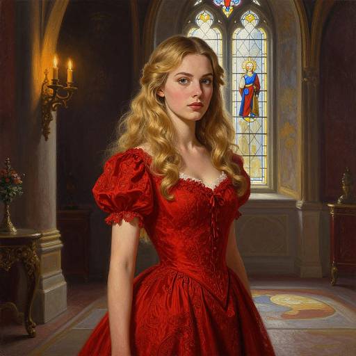 Digital illustration of a blonde woman with wavy hair in a red, puffed-sleeve, Victorian-style dress, standing in a dimly lit