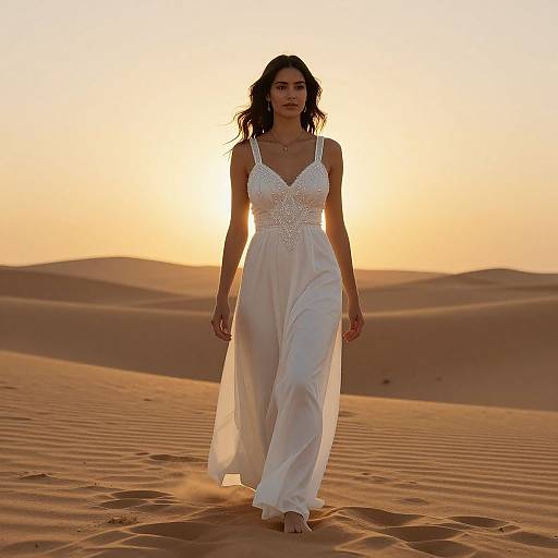 Elegant Woman Walking Desert Sunset