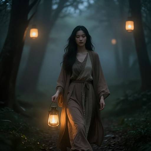 Ethereal Girl in Misty Lantern Forest