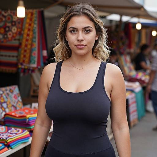Photograph of a young woman with shoulder-length, wavy blonde hair, wearing a black tank top, standing in a colorful outdoor market with vibrant textiles